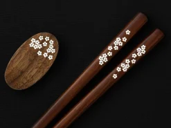 ORYOKI Essstäbchen Set mit Ablage Sakura, Granadillo