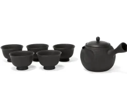 ORYOKI Japanisches Teeservice 6-teilig, Kyusu Tokoname Tobikanna Kuro